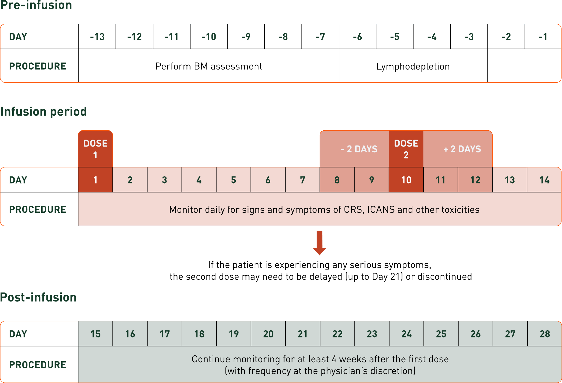 Treatment schedule chart showing pre-infusion, infusion and post-infusion periods. The pre-infusion period runs from Day -13 to Day -1. During the infusion period, Dose 1 is given on Day 1, followed by daily monitoring for signs and symptoms of CRS, ICANS and other toxicities from Day 1 to Day 14. Dose 2 is scheduled for Day 10, with a 2-day window before or after. Post-infusion monitoring continues from Day 15 to Day 28, with monitoring for at least 4 weeks after the first dose at the physician's discretion.