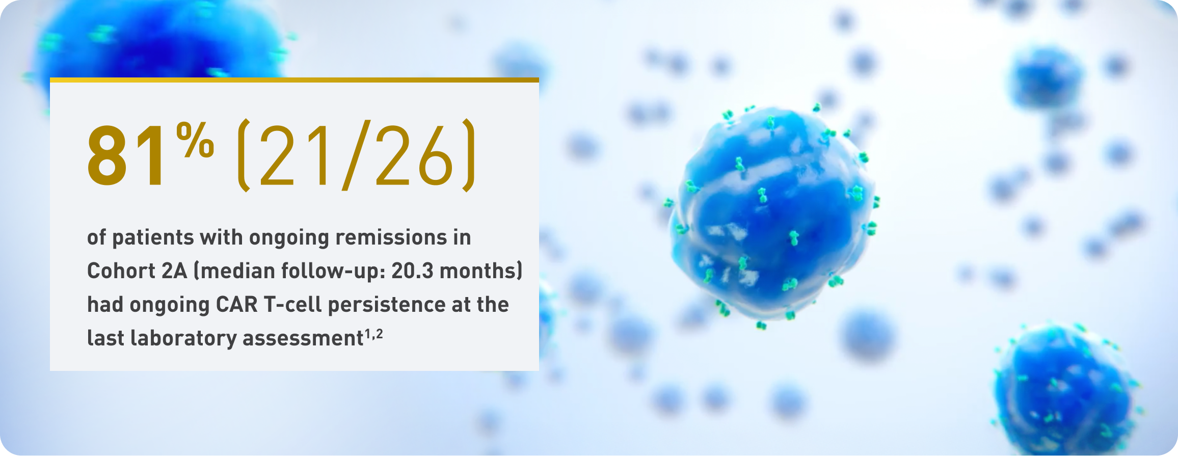 Graphic showing blue CAR T cells with a data callout stating that 81% (21/26) of patients with ongoing remissions in Cohort 2A, with median follow-up of 20.3 months, had ongoing CAR T-cell persistence at the last laboratory assessment.